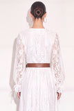 White A Line Lace Floral V Neck Long Boho Wedding Dress with Slit