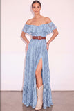 White Off the Shoulder Floral Ruffled Long Boho Wedding Dress with Slit