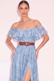 White Off the Shoulder Floral Ruffled Long Boho Wedding Dress with Slit