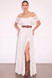 White Off the Shoulder Floral Ruffled Long Boho Wedding Dress with Slit