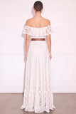 White Off the Shoulder Floral Ruffled Long Boho Wedding Dress with Slit