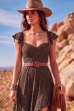 White A Line Sweetheart Flutter Sleeves High-Low Boho Wedding Dress with Belt