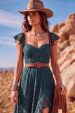 White A Line Sweetheart Flutter Sleeves High-Low Boho Wedding Dress with Belt