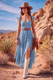 White A Line Sweetheart Flutter Sleeves High-Low Boho Wedding Dress with Belt