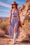 White A Line Sweetheart Flutter Sleeves High-Low Boho Wedding Dress with Belt