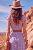White A Line Sweetheart Flutter Sleeves High-Low Boho Wedding Dress with Belt