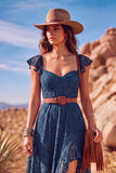 White A Line Sweetheart Flutter Sleeves High-Low Boho Wedding Dress with Belt