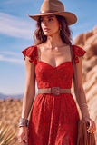 White A Line Sweetheart Flutter Sleeves High-Low Boho Wedding Dress with Belt