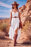 White A Line Sweetheart Flutter Sleeves High-Low Boho Wedding Dress with Belt