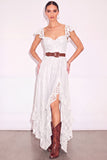 White A Line Sweetheart Flutter Sleeves High-Low Boho Wedding Dress with Belt