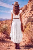 White A Line Sweetheart Flutter Sleeves High-Low Boho Wedding Dress with Belt