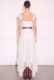 White A Line Sweetheart Flutter Sleeves High-Low Boho Wedding Dress with Belt