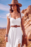 White A Line Sweetheart Flutter Sleeves High-Low Boho Wedding Dress with Belt