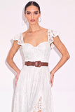 White A Line Sweetheart Flutter Sleeves High-Low Boho Wedding Dress with Belt