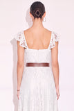White A Line Sweetheart Flutter Sleeves High-Low Boho Wedding Dress with Belt