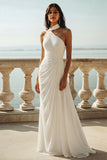 White Halter Ruched Long A-Line Wedding Dress with Slit