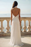White Halter Ruched Long A-Line Wedding Dress with Slit