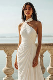 White Halter Ruched Long A-Line Wedding Dress with Slit