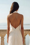 White Halter Ruched Long A-Line Wedding Dress with Slit