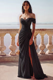 White One Shoulder Ruched Long A-Line Wedding Dress with Slit