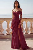 White One Shoulder Ruched Long A-Line Wedding Dress with Slit