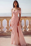 White One Shoulder Ruched Long A-Line Wedding Dress with Slit