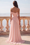 White One Shoulder Ruched Long A-Line Wedding Dress with Slit