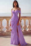 White One Shoulder Ruched Long A-Line Wedding Dress with Slit