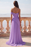 White One Shoulder Ruched Long A-Line Wedding Dress with Slit