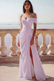 White One Shoulder Ruched Long A-Line Wedding Dress with Slit