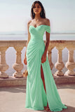 White One Shoulder Ruched Long A-Line Wedding Dress with Slit