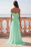 White One Shoulder Ruched Long A-Line Wedding Dress with Slit