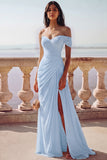 White One Shoulder Ruched Long A-Line Wedding Dress with Slit