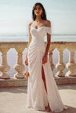 White One Shoulder Ruched Long A-Line Wedding Dress with Slit