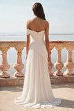 White One Shoulder Ruched Long A-Line Wedding Dress with Slit