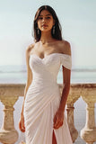 White One Shoulder Ruched Long A-Line Wedding Dress with Slit