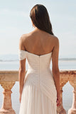 White One Shoulder Ruched Long A-Line Wedding Dress with Slit