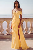 White One Shoulder Ruched Long A-Line Wedding Dress with Slit