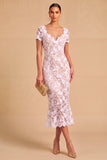 White Floral Lace Sheath V-Neck Midi Rehearsal Dinner Dress with Sleeves