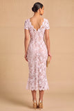 White Floral Lace Sheath V-Neck Midi Rehearsal Dinner Dress with Sleeves