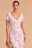 White Floral Lace Sheath V-Neck Midi Rehearsal Dinner Dress with Sleeves