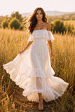 White Off the Shoulder Boho A-Line Ruffled Tiered Long Wedding Dress