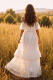 White Off the Shoulder Boho A-Line Ruffled Tiered Long Wedding Dress