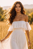 White Off the Shoulder Boho A-Line Ruffled Tiered Long Wedding Dress