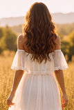 White Off the Shoulder Boho A-Line Ruffled Tiered Long Wedding Dress