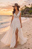 White Corset A-Line V-Neck Boho Ruffled Long Lace Wedding Dress with Slit