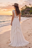 White Corset A-Line V-Neck Boho Ruffled Long Lace Wedding Dress with Slit