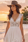 White Corset A-Line V-Neck Boho Ruffled Long Lace Wedding Dress with Slit