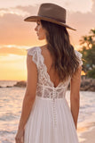 White Corset A-Line V-Neck Boho Ruffled Long Lace Wedding Dress with Slit