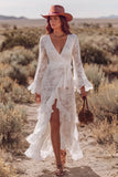 White Lace V-Neck Ruffled A-Line Long Wedding Dress with Sash